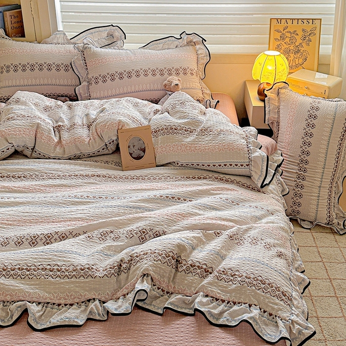 91家纺网 家纺一手货源 找家纺 芯贝儿 2026新品加厚法式泡芙棉水洗棉云感皱皱双层纱花边四件套 蓝调