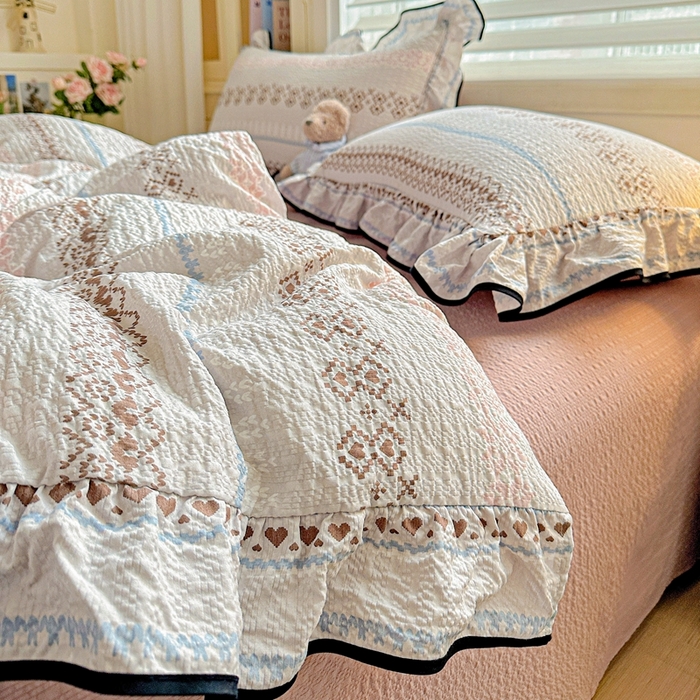 91家纺网 家纺一手货源 找家纺 芯贝儿 2026新品加厚法式泡芙棉水洗棉云感皱皱双层纱花边四件套 蓝调