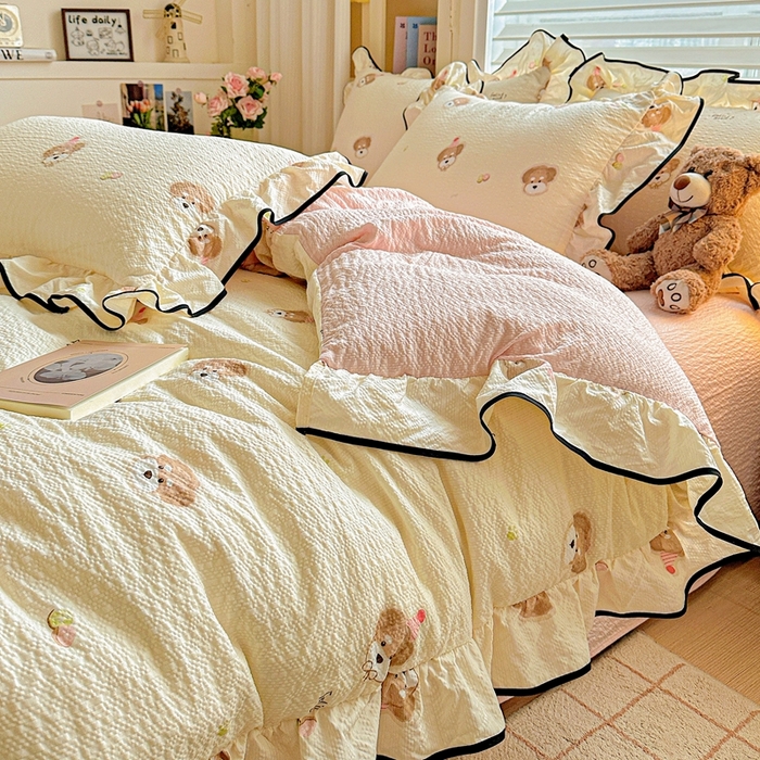 芯贝儿 2026新品加厚法式泡芙棉水洗棉云感皱皱双层纱花边四件套 萌宠