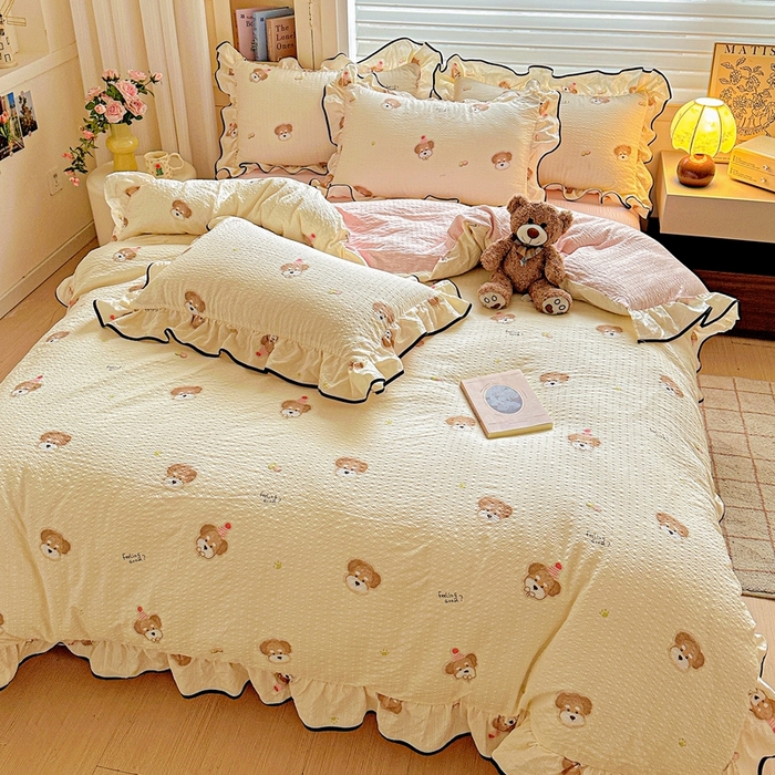 91家纺网 家纺一手货源 找家纺 芯贝儿 2026新品加厚法式泡芙棉水洗棉云感皱皱双层纱花边四件套 萌宠