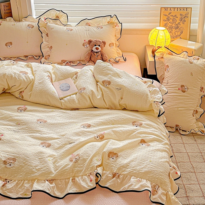 91家纺网 家纺一手货源 找家纺 芯贝儿 2026新品加厚法式泡芙棉水洗棉云感皱皱双层纱花边四件套 萌宠