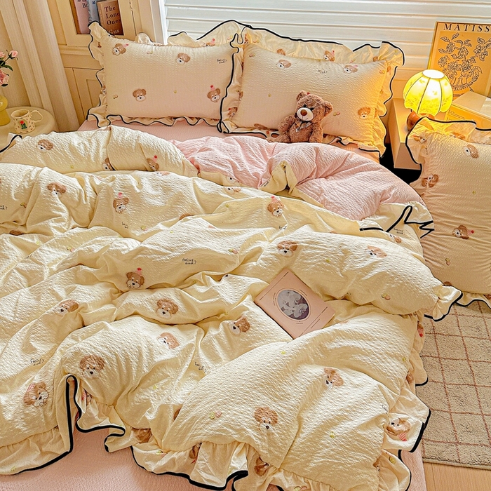 91家纺网 家纺一手货源 找家纺 芯贝儿 2026新品加厚法式泡芙棉水洗棉云感皱皱双层纱花边四件套 萌宠