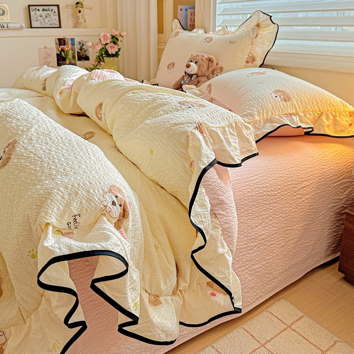 91家纺网 家纺一手货源 找家纺 芯贝儿 2026新品加厚法式泡芙棉水洗棉云感皱皱双层纱花边四件套 萌宠