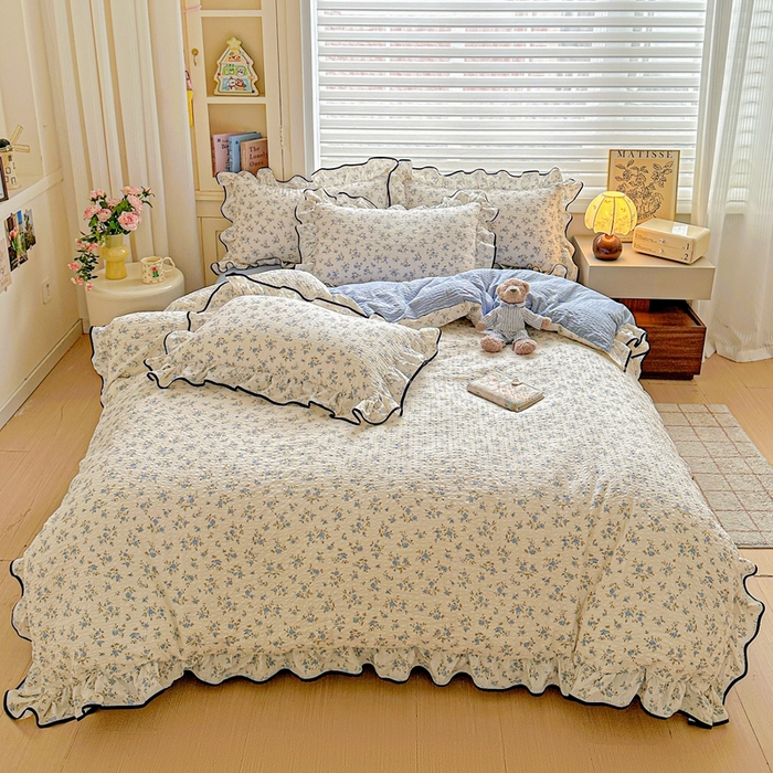 91家纺网 家纺一手货源 找家纺 芯贝儿 2026新品加厚法式泡芙棉水洗棉云感皱皱双层纱花边四件套 柠夏