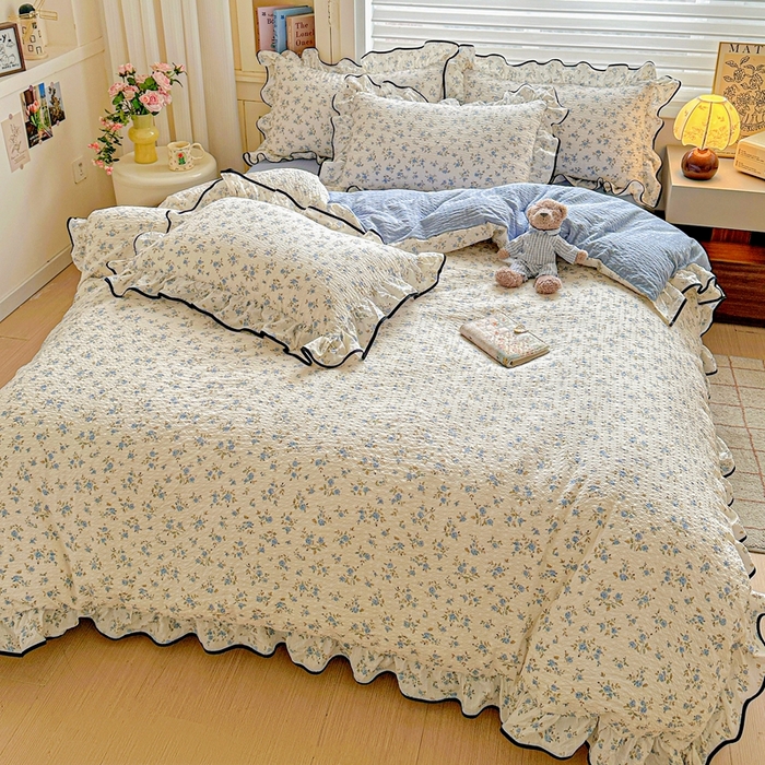 91家纺网 家纺一手货源 找家纺 芯贝儿 2026新品加厚法式泡芙棉水洗棉云感皱皱双层纱花边四件套 柠夏