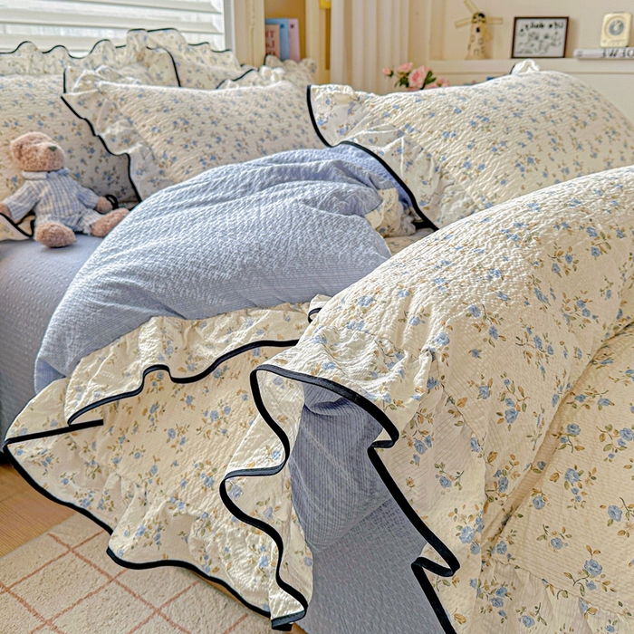 91家纺网 家纺一手货源 找家纺 芯贝儿 2026新品加厚法式泡芙棉水洗棉云感皱皱双层纱花边四件套 柠夏