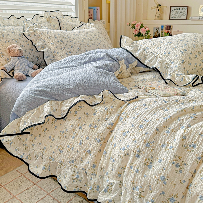 91家纺网 家纺一手货源 找家纺 芯贝儿 2026新品加厚法式泡芙棉水洗棉云感皱皱双层纱花边四件套 柠夏