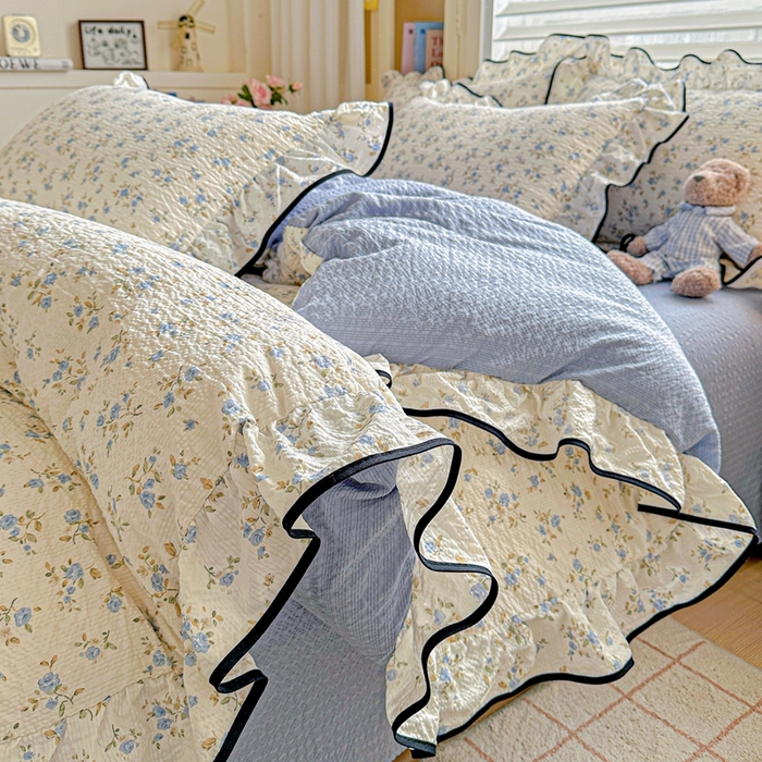 91家纺网 家纺一手货源 找家纺 芯贝儿 2026新品加厚法式泡芙棉水洗棉云感皱皱双层纱花边四件套 柠夏