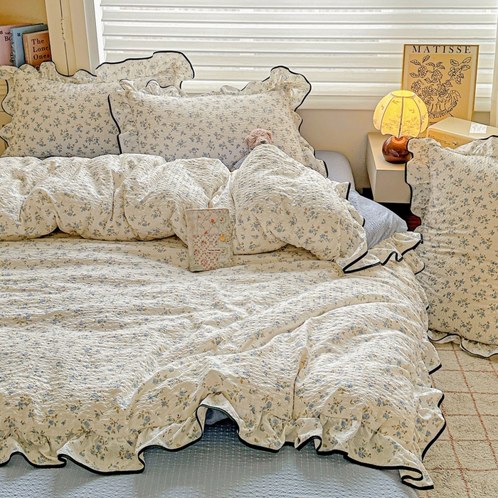 91家纺网 家纺一手货源 找家纺 芯贝儿 2026新品加厚法式泡芙棉水洗棉云感皱皱双层纱花边四件套 柠夏