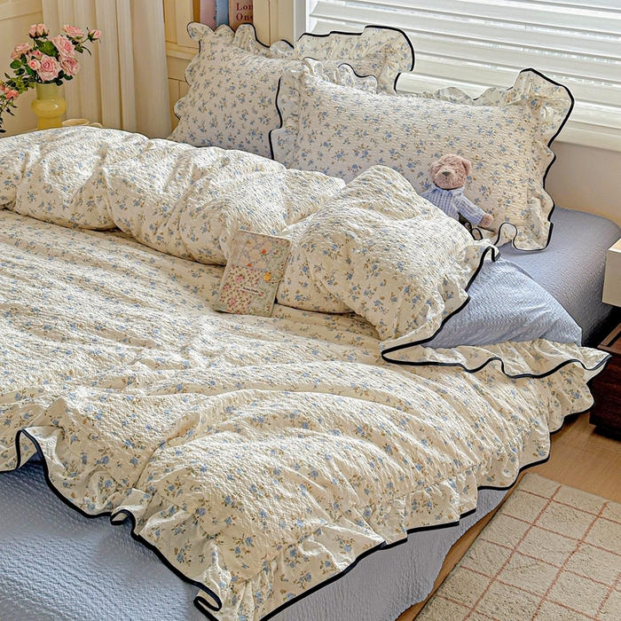 91家纺网 家纺一手货源 找家纺 芯贝儿 2026新品加厚法式泡芙棉水洗棉云感皱皱双层纱花边四件套 柠夏