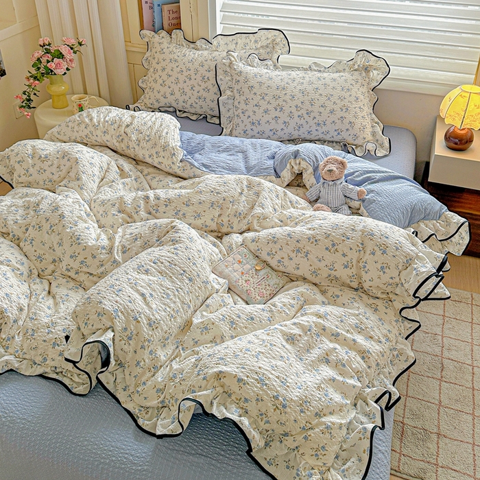 91家纺网 家纺一手货源 找家纺 芯贝儿 2026新品加厚法式泡芙棉水洗棉云感皱皱双层纱花边四件套 柠夏