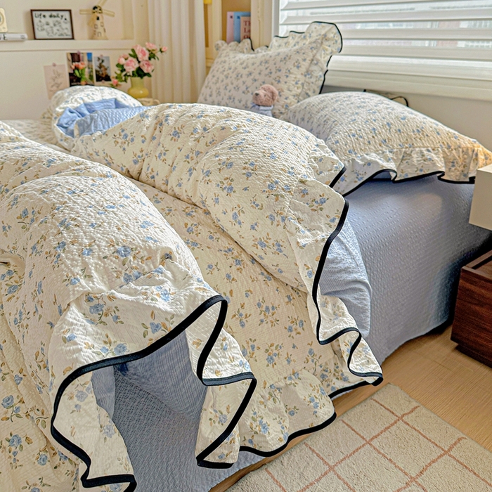 91家纺网 家纺一手货源 找家纺 芯贝儿 2026新品加厚法式泡芙棉水洗棉云感皱皱双层纱花边四件套 柠夏