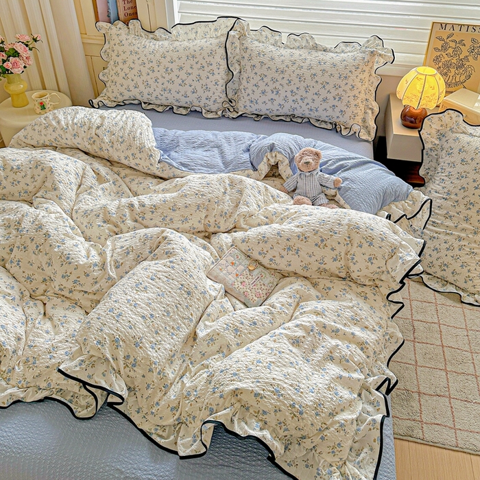 91家纺网 家纺一手货源 找家纺 芯贝儿 2026新品加厚法式泡芙棉水洗棉云感皱皱双层纱花边四件套 柠夏