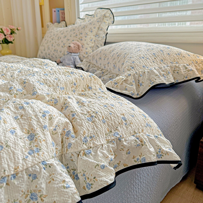 91家纺网 家纺一手货源 找家纺 芯贝儿 2026新品加厚法式泡芙棉水洗棉云感皱皱双层纱花边四件套 柠夏