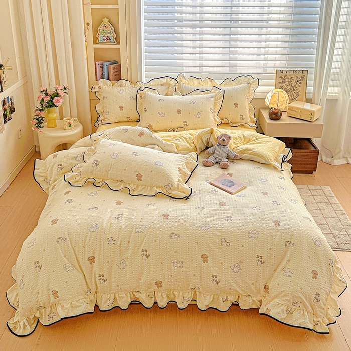 91家纺网 家纺一手货源 找家纺 芯贝儿 2026新品加厚法式泡芙棉水洗棉云感皱皱双层纱花边四件套 奇奇乐园