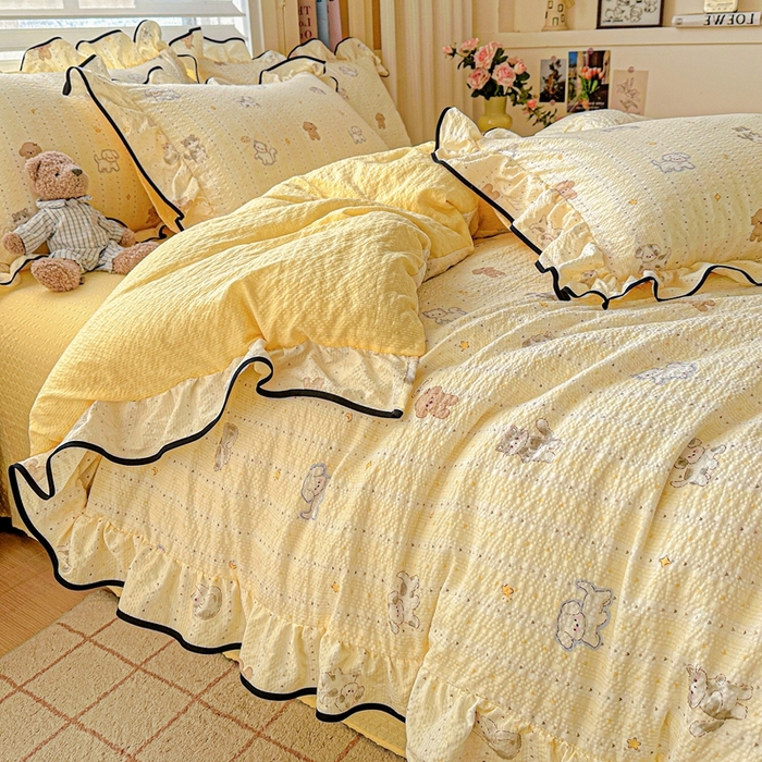 91家纺网 家纺一手货源 找家纺 芯贝儿 2026新品加厚法式泡芙棉水洗棉云感皱皱双层纱花边四件套 奇奇乐园