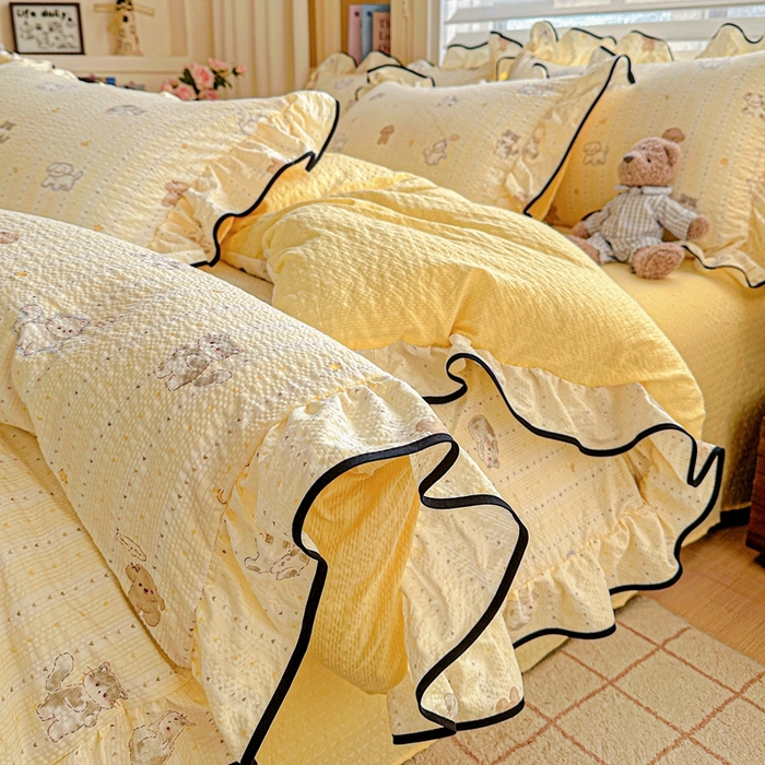 91家纺网 家纺一手货源 找家纺 芯贝儿 2026新品加厚法式泡芙棉水洗棉云感皱皱双层纱花边四件套 奇奇乐园