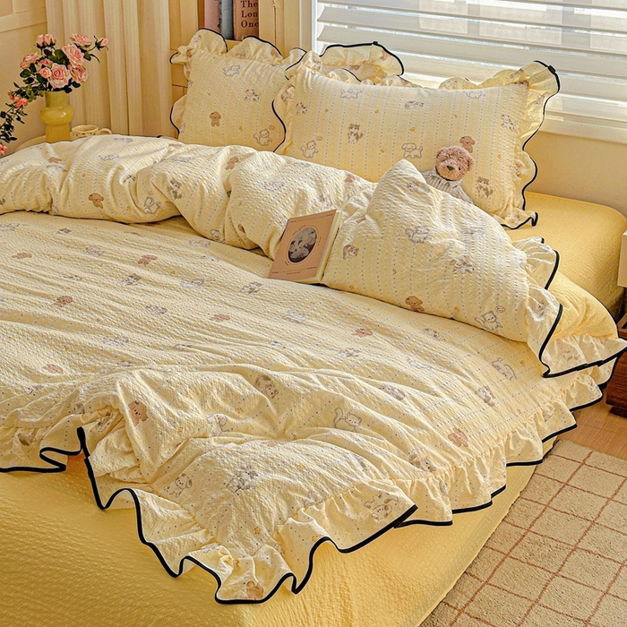 91家纺网 家纺一手货源 找家纺 芯贝儿 2026新品加厚法式泡芙棉水洗棉云感皱皱双层纱花边四件套 奇奇乐园