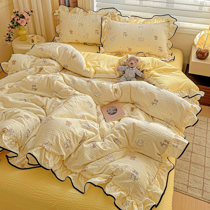 91家纺网 家纺一手货源 找家纺 芯贝儿 2026新品加厚法式泡芙棉水洗棉云感皱皱双层纱花边四件套 奇奇乐园