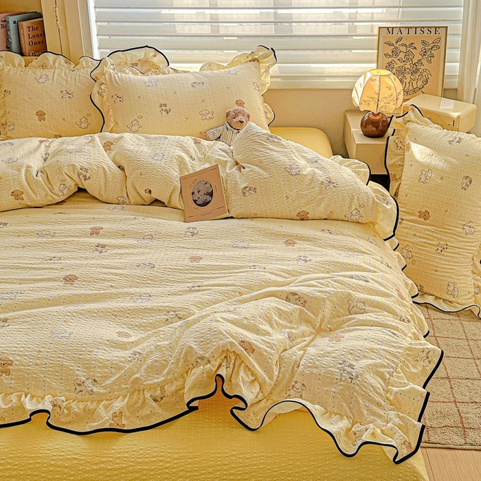 91家纺网 家纺一手货源 找家纺 芯贝儿 2026新品加厚法式泡芙棉水洗棉云感皱皱双层纱花边四件套 奇奇乐园