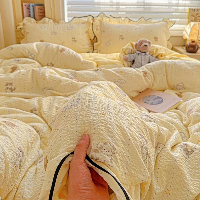 91家纺网 家纺一手货源 找家纺 芯贝儿 2026新品加厚法式泡芙棉水洗棉云感皱皱双层纱花边四件套 奇奇乐园