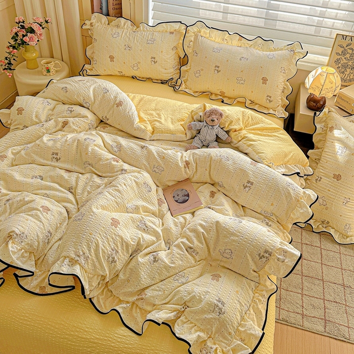 91家纺网 家纺一手货源 找家纺 芯贝儿 2026新品加厚法式泡芙棉水洗棉云感皱皱双层纱花边四件套 奇奇乐园