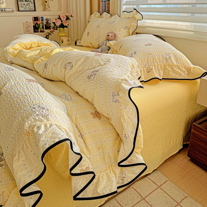 91家纺网 家纺一手货源 找家纺 芯贝儿 2026新品加厚法式泡芙棉水洗棉云感皱皱双层纱花边四件套 奇奇乐园