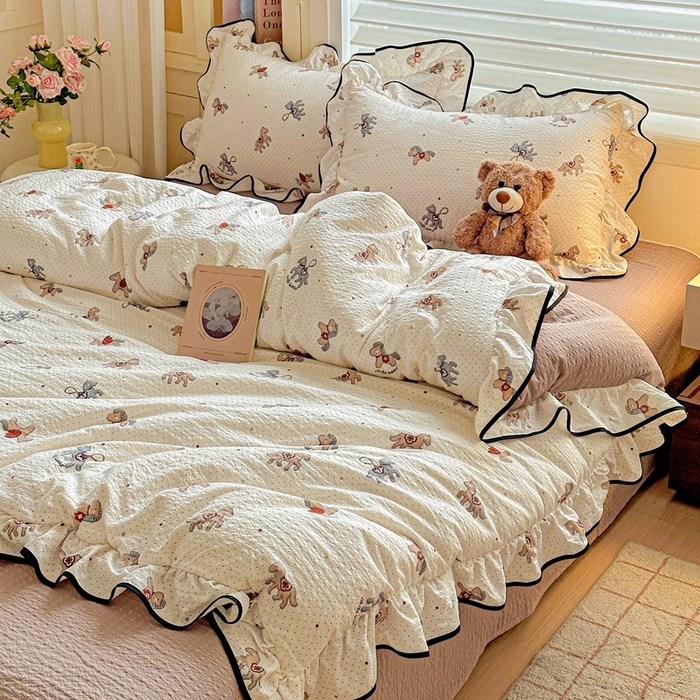 91家纺网 家纺一手货源 找家纺 芯贝儿 2026新品加厚法式泡芙棉水洗棉云感皱皱双层纱花边四件套 小飞马