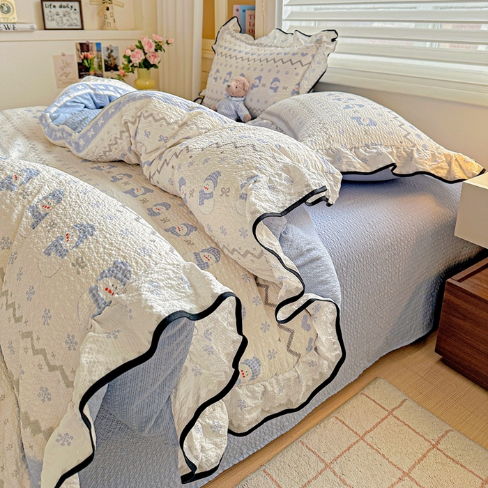 91家纺网 家纺一手货源 找家纺 芯贝儿 2026新品加厚法式泡芙棉水洗棉云感皱皱双层纱花边四件套 小雪人