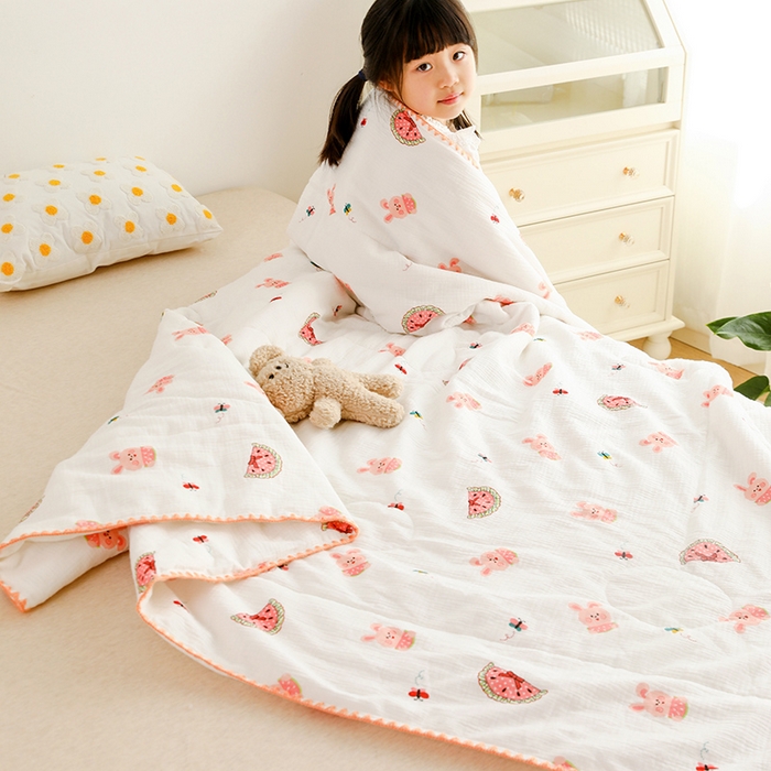 91家纺网 家纺一手货源 找家纺 十九色 2026新款婴儿纱皱布儿童贴身夏被被子被芯 吃西瓜