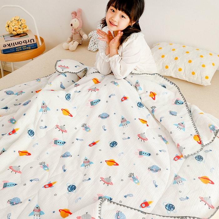 91家纺网 家纺一手货源 找家纺 十九色 2026新款婴儿纱皱布儿童贴身夏被被子被芯 快乐星球