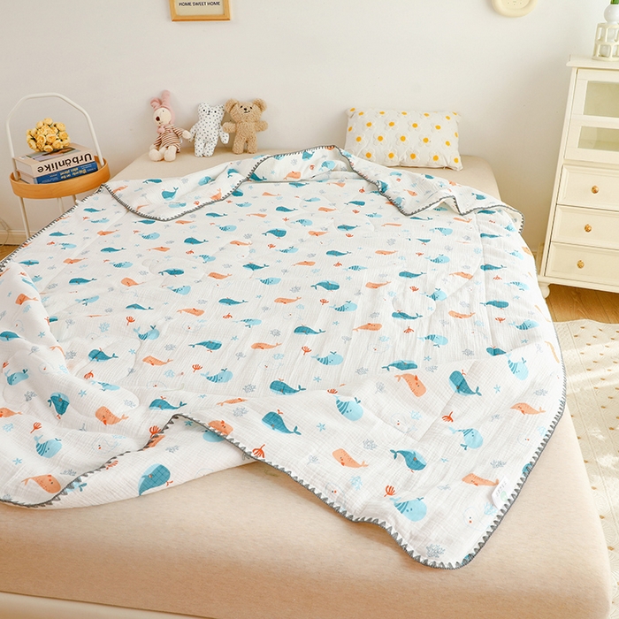 91家纺网 家纺一手货源 找家纺 十九色 2026新款婴儿纱皱布儿童贴身夏被被子被芯 小鲸鱼