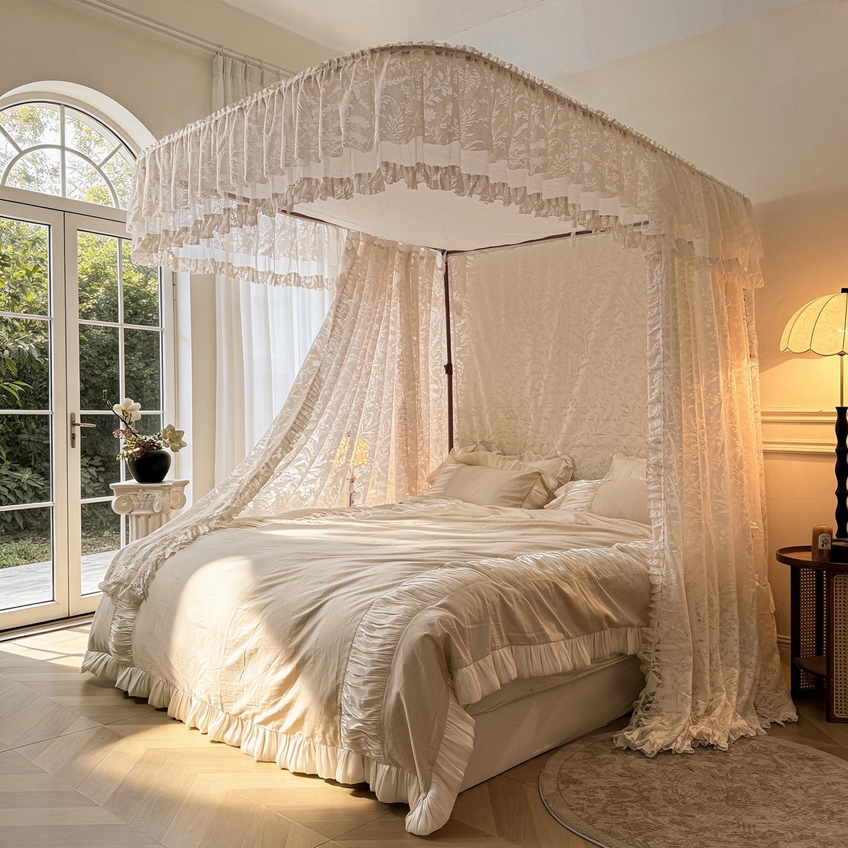 91家纺网 家纺一手货源 找家纺 海虹蚊帐 2026新款2606款一体防尘顶月枝影镂空纱导轨蚊帐 奶油杏