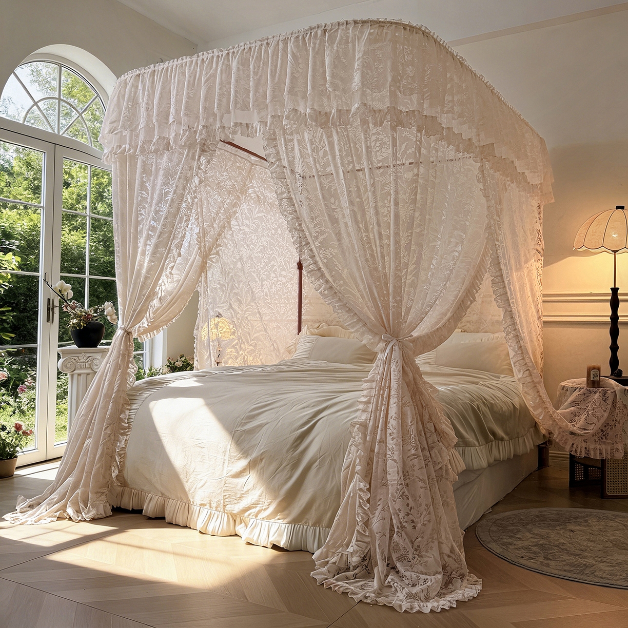 海虹蚊帐 2026新款2606款一体防尘顶月枝影镂空纱导轨蚊帐 奶油杏