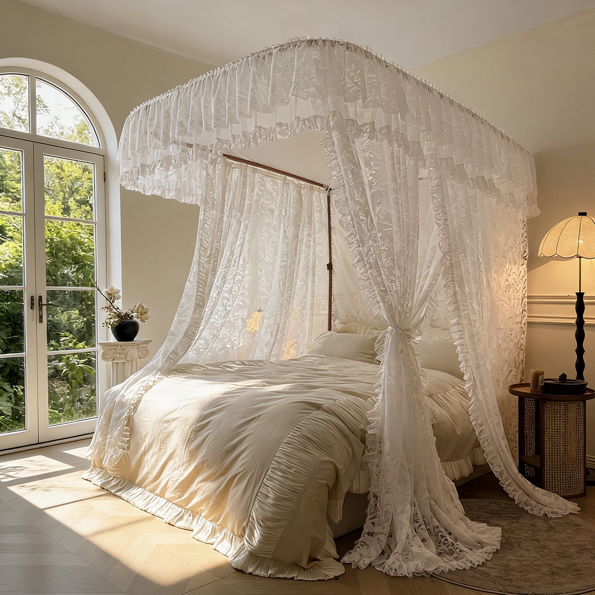 91家纺网 家纺一手货源 找家纺 海虹蚊帐 2026新款2606款一体防尘顶月枝影镂空纱导轨蚊帐 夕霜白