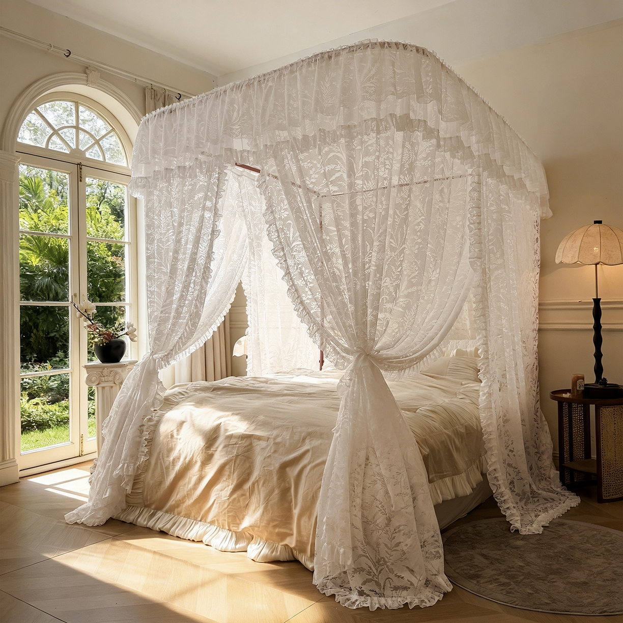 海虹蚊帐 2026新款2606款一体防尘顶月枝影镂空纱导轨蚊帐 夕霜白