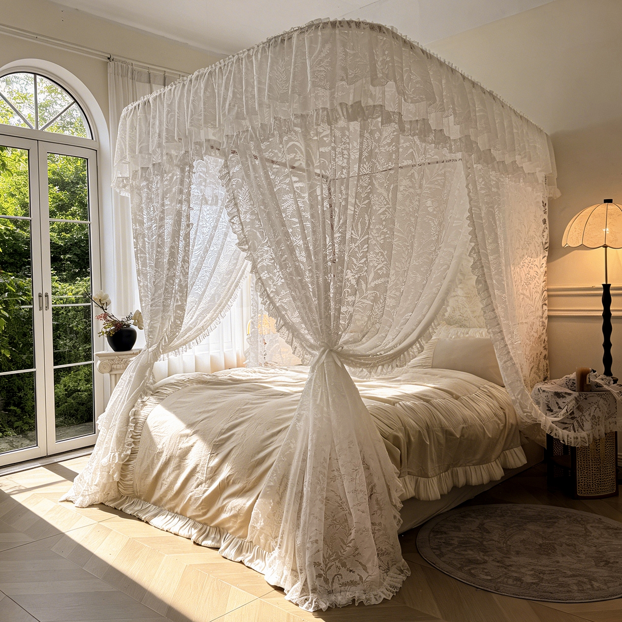 91家纺网 家纺一手货源 找家纺 海虹蚊帐 2026新款2606款一体防尘顶月枝影镂空纱导轨蚊帐 夕霜白