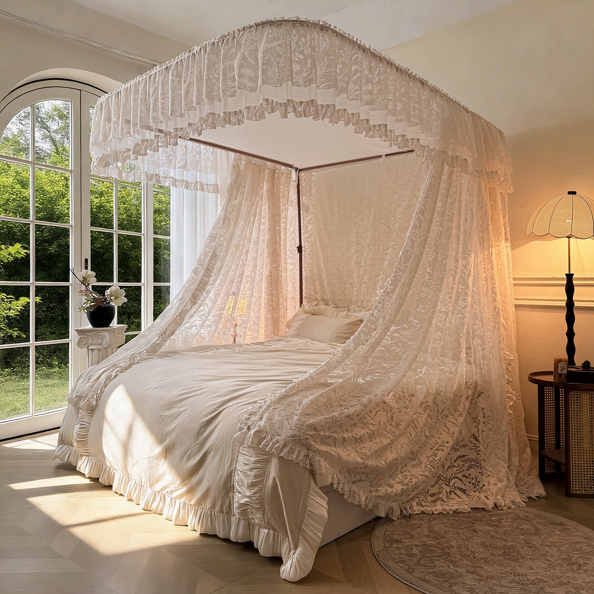 91家纺网 家纺一手货源 找家纺 （总）海虹蚊帐 2026新款2606款一体防尘顶月枝影镂空纱导轨蚊帐