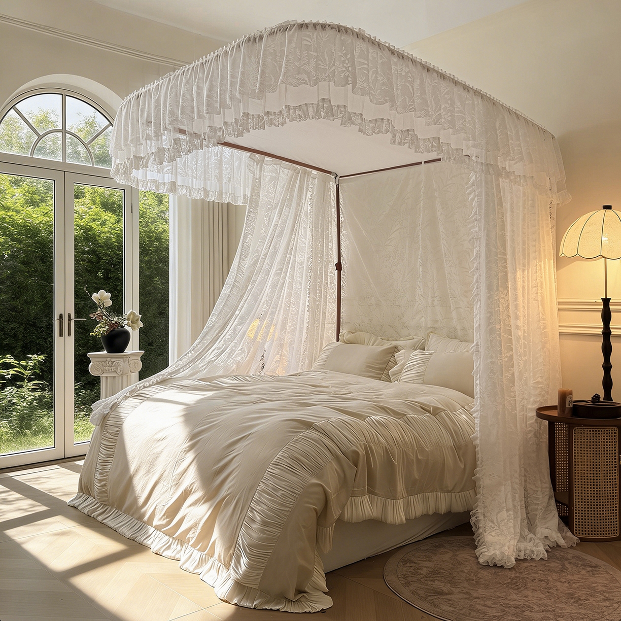 91家纺网 家纺一手货源 找家纺 海虹蚊帐 2026新款2606款一体防尘顶月枝影镂空纱导轨蚊帐 夕霜白