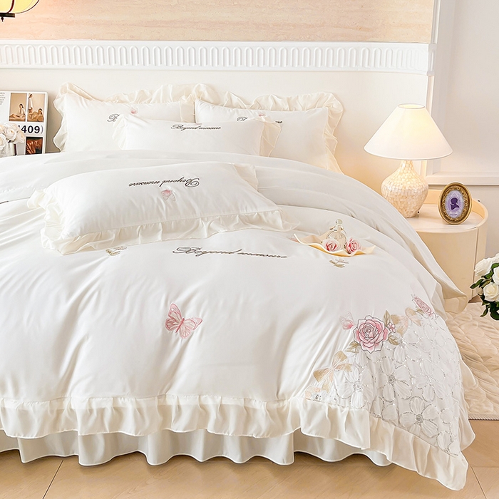 富宁家纺 2026新款亲肤棉重工艺四件套-花芝舞 花芝舞-白