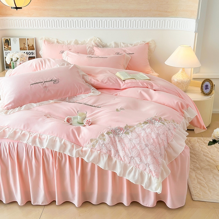 91家纺网 家纺一手货源 找家纺 富宁家纺 2026新款亲肤棉重工艺四件套-花芝舞 花芝舞-粉