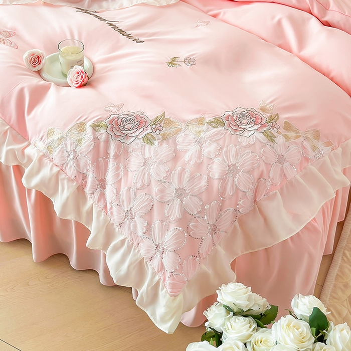 91家纺网 家纺一手货源 找家纺 富宁家纺 2026新款亲肤棉重工艺四件套-花芝舞 花芝舞-粉