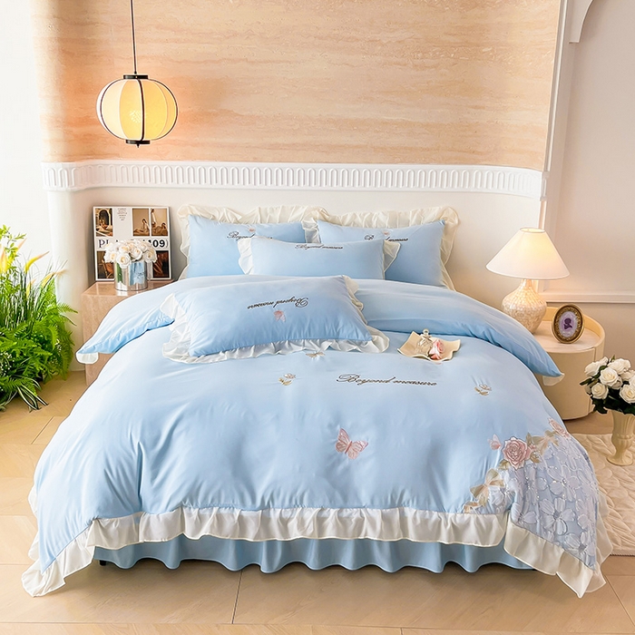 91家纺网 家纺一手货源 找家纺 富宁家纺 2026新款亲肤棉重工艺四件套-花芝舞 花芝舞-蓝