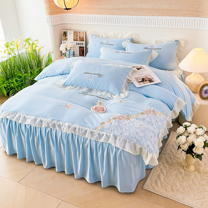 91家纺网 家纺一手货源 找家纺 富宁家纺 2026新款亲肤棉重工艺四件套-花芝舞 花芝舞-蓝