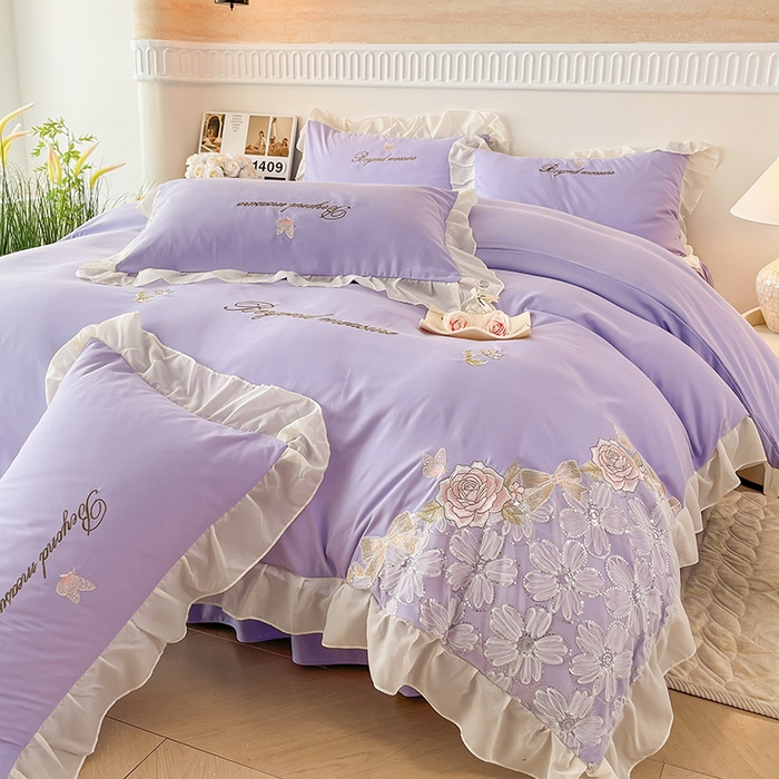 91家纺网 家纺一手货源 找家纺 富宁家纺 2026新款亲肤棉重工艺四件套-花芝舞 花芝舞-紫