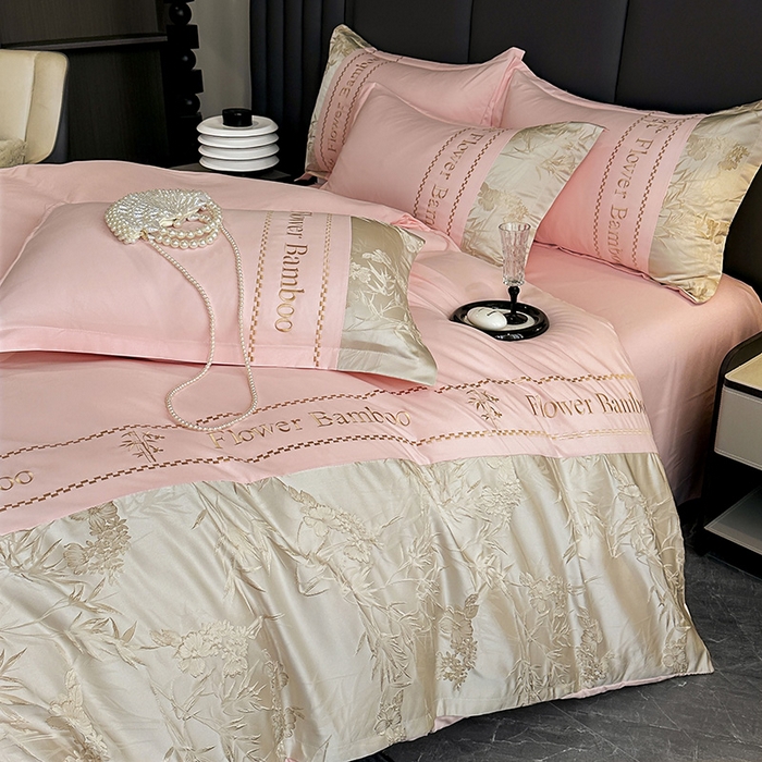 91家纺网 家纺一手货源 找家纺 富宁家纺 2026新款立体提花磨毛刺绣款四件套-花竹 花竹-春桃粉