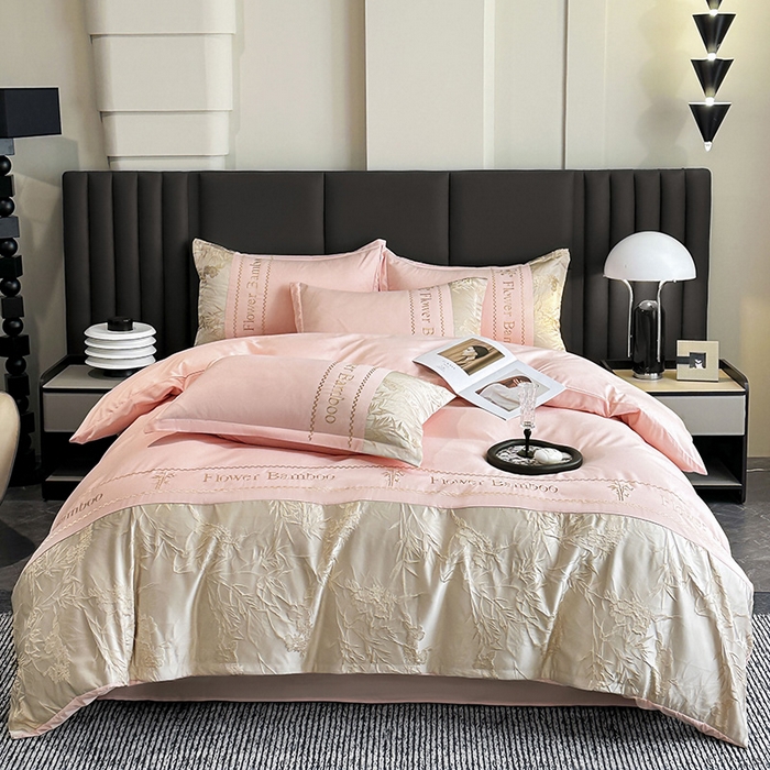 91家纺网 家纺一手货源 找家纺 富宁家纺 2026新款立体提花磨毛刺绣款四件套-花竹 花竹-春桃粉