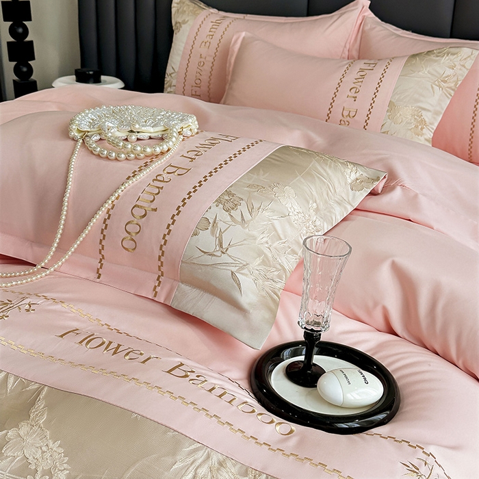 91家纺网 家纺一手货源 找家纺 富宁家纺 2026新款立体提花磨毛刺绣款四件套-花竹 花竹-春桃粉