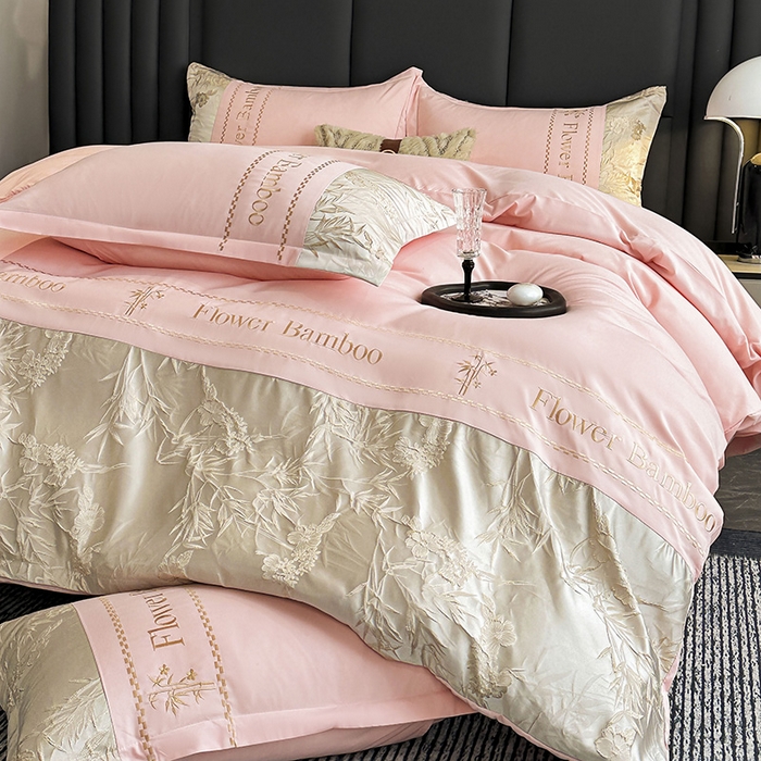 91家纺网 家纺一手货源 找家纺 富宁家纺 2026新款立体提花磨毛刺绣款四件套-花竹 花竹-春桃粉