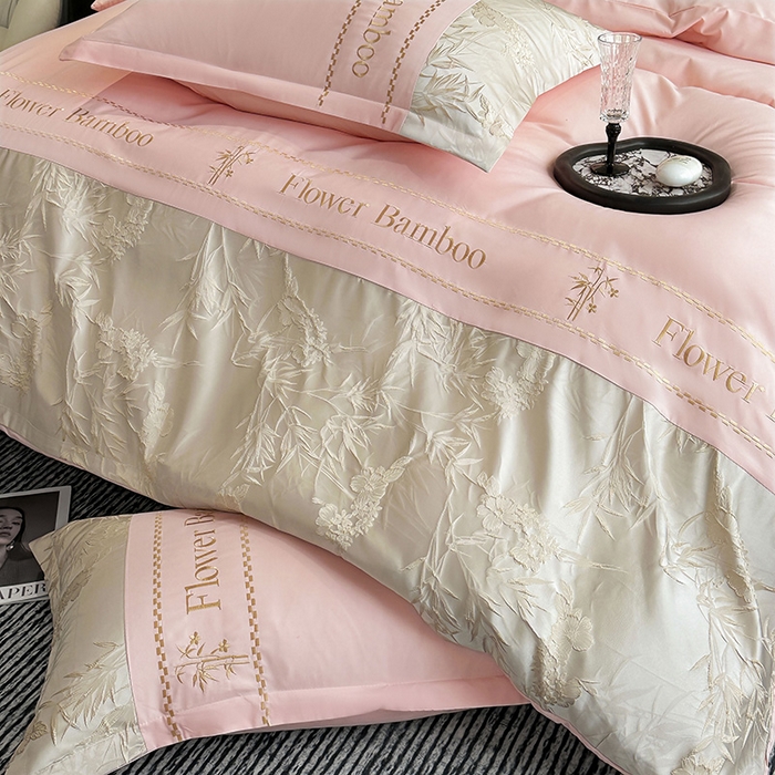 91家纺网 家纺一手货源 找家纺 富宁家纺 2026新款立体提花磨毛刺绣款四件套-花竹 花竹-春桃粉